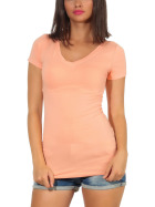 Damen langes T-Shirt Longshirt V-Ausschnitt Stretch Baumwolle, Pfirsisch, 36-38