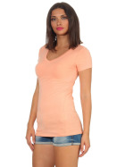 Damen langes T-Shirt Longshirt V-Ausschnitt Stretch Baumwolle, Pfirsisch, 36-38