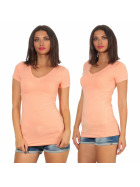 Damen langes T-Shirt Longshirt V-Ausschnitt Stretch Baumwolle, Pfirsisch, 38-40