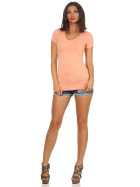 Damen langes T-Shirt Longshirt V-Ausschnitt Stretch Baumwolle, Pfirsisch, 40-42