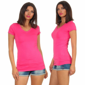 Damen langes T-Shirt Longshirt V-Ausschnitt Stretch Baumwolle, Pink, 34-36