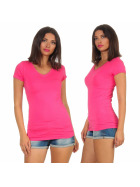 Damen langes T-Shirt Longshirt V-Ausschnitt Stretch Baumwolle, Pink, 34-36
