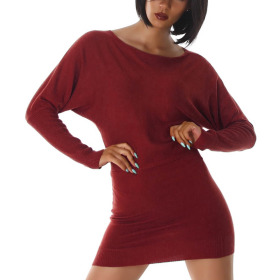 Damen Mini-Strickkleid Pulloverkleid Fledermausärmel Stretch, Rot