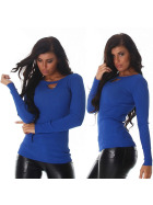 Voyelles Damen Pullover Goldkette V-Ausschnitt dünn Stretch Slim, Blau (34-38)