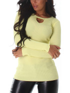 Voyelles Damen Pullover Goldkette V-Ausschnitt dünn Stretch Slim, Gelb (34-38)