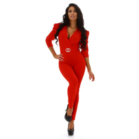Jela London Damen Overall Onesie Jumpsuit Gürtel V-Ausschnitt, Rot