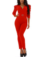 Jela London Damen Overall Onesie Jumpsuit G&uuml;rtel V-Ausschnitt, Rot