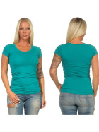 Damen langes T-Shirt Longshirt Rundhals Stretch Baumwolle, Grün 133, 38-40