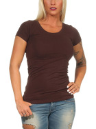 Damen langes T-Shirt Longshirt Rundhals Stretch Baumwolle, Braun 139, 34-36
