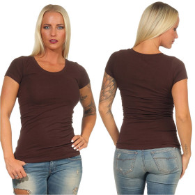 Damen langes T-Shirt Longshirt Rundhals Stretch Baumwolle, Braun 139, 36-38