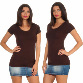 Damen langes T-Shirt Longshirt Rundhals Stretch Baumwolle, Braun 139, 36-38