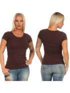 Damen langes T-Shirt Longshirt Rundhals Stretch Baumwolle, Braun 139, 40-42