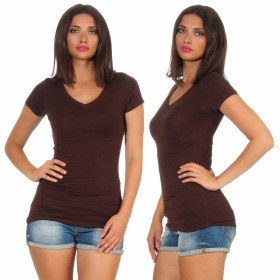 Damen langes T-Shirt Longshirt V-Ausschnitt Stretch Baumwolle, Braun 139, 34-36