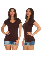 Damen langes T-Shirt Longshirt V-Ausschnitt Stretch Baumwolle, Braun 139, 34-36
