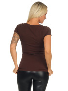 Damen langes T-Shirt Longshirt V-Ausschnitt Stretch Baumwolle, Braun 139, 36-38