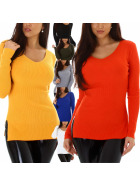 Enzoria Damen Pullover lang V-Ausschnitt Hüftschlitz Rippoptik Streifen Sweatshirt