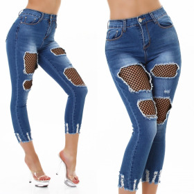Jela London Damen High-Waist Skinny Jeans-Hose Capri Stretch Netz-Einsatz Destroyed