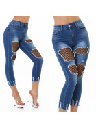 Jela London Damen High-Waist Skinny Jeans-Hose Capri Stretch Netz-Einsatz Destroyed
